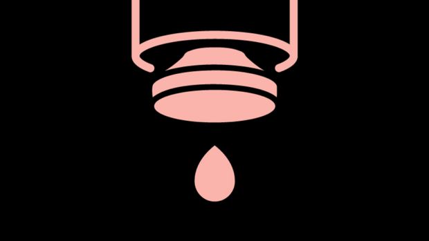Pump mechanism icon, in pink on a black background.
