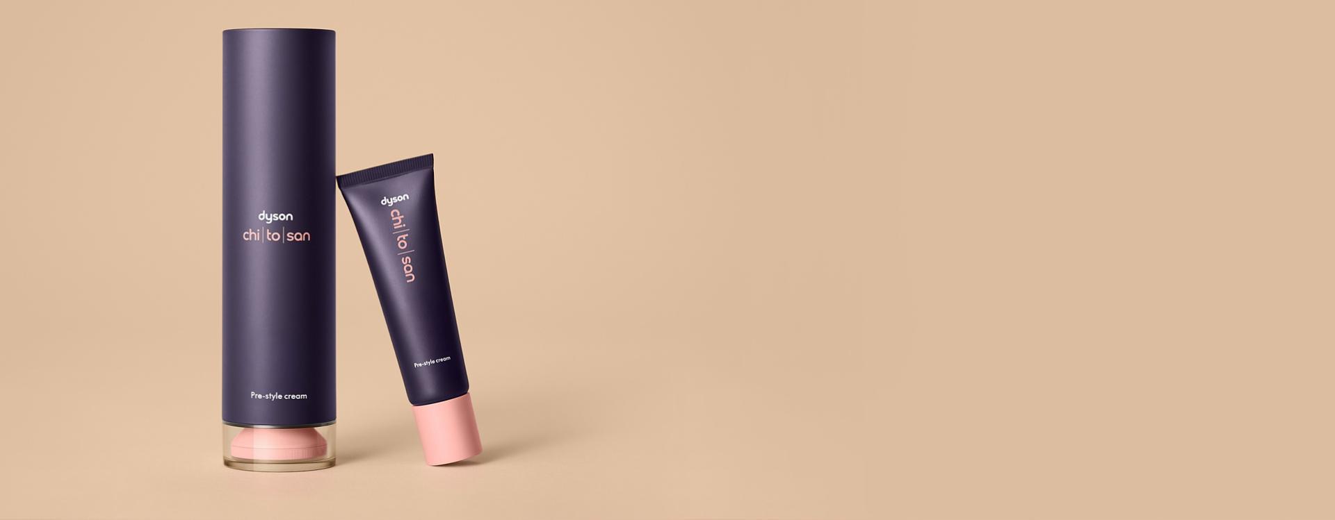 The Dyson Chitosan Pre-style cream in 100ml and 30ml sizes.