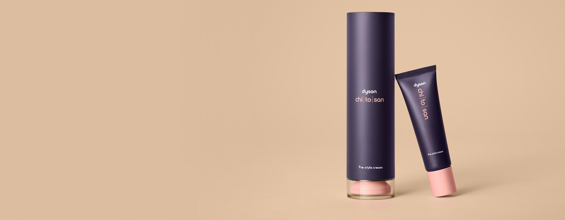 The Dyson Chitosan Pre-style cream in 100ml and 30ml sizes.