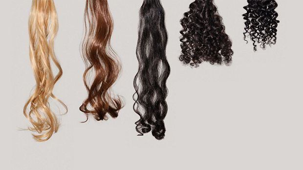 Curly and coily hair tresses clipped to a metal bar, in a lab setting.