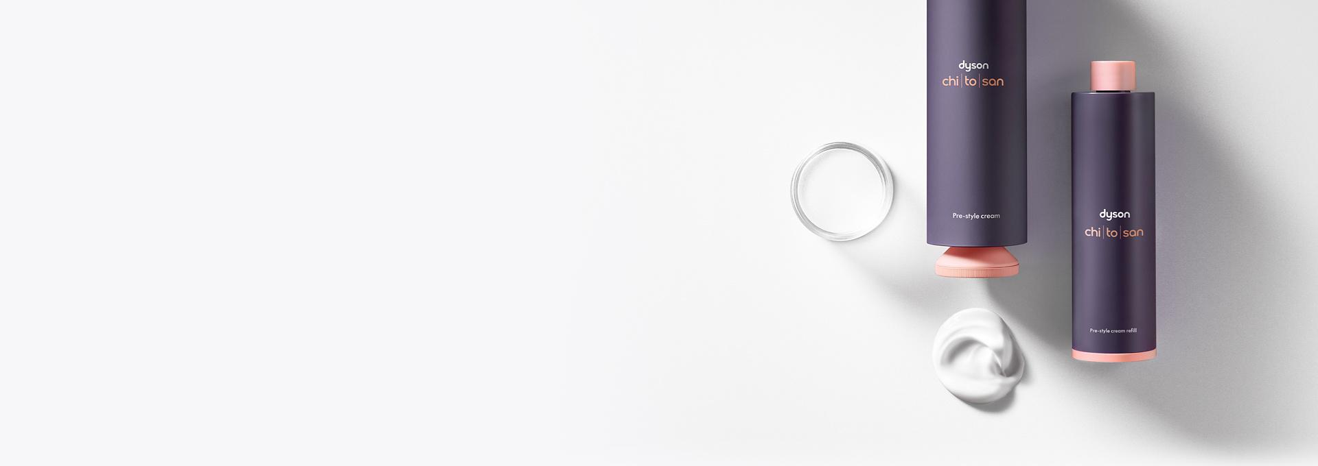 Full-size Pre-style cream bottle and refill cartridge with swatch of product.