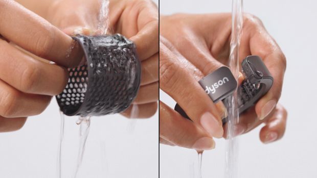 Split screen to show user rinsing the cage and brush under running water.