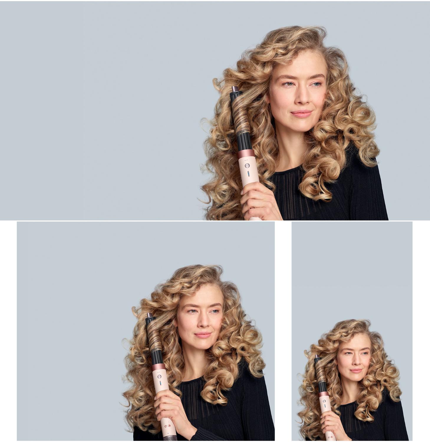 A model diffuses her coily hair using the Dyson Airwrap Co-anda2x multi-styler and dryer.