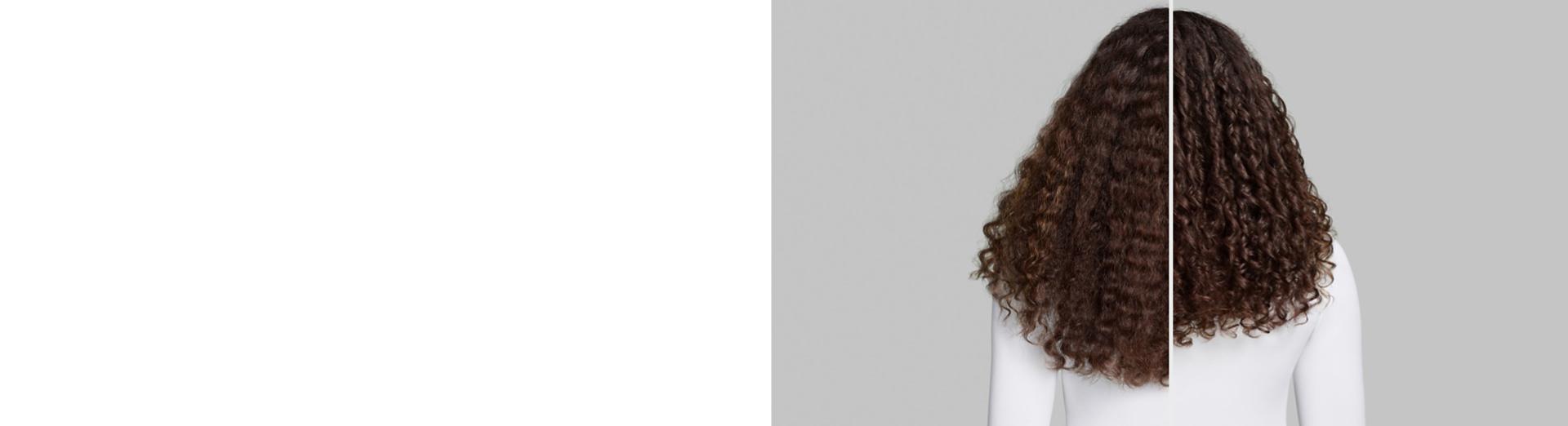 Modelka przed i po stylizacji z naturalnymi lokami.