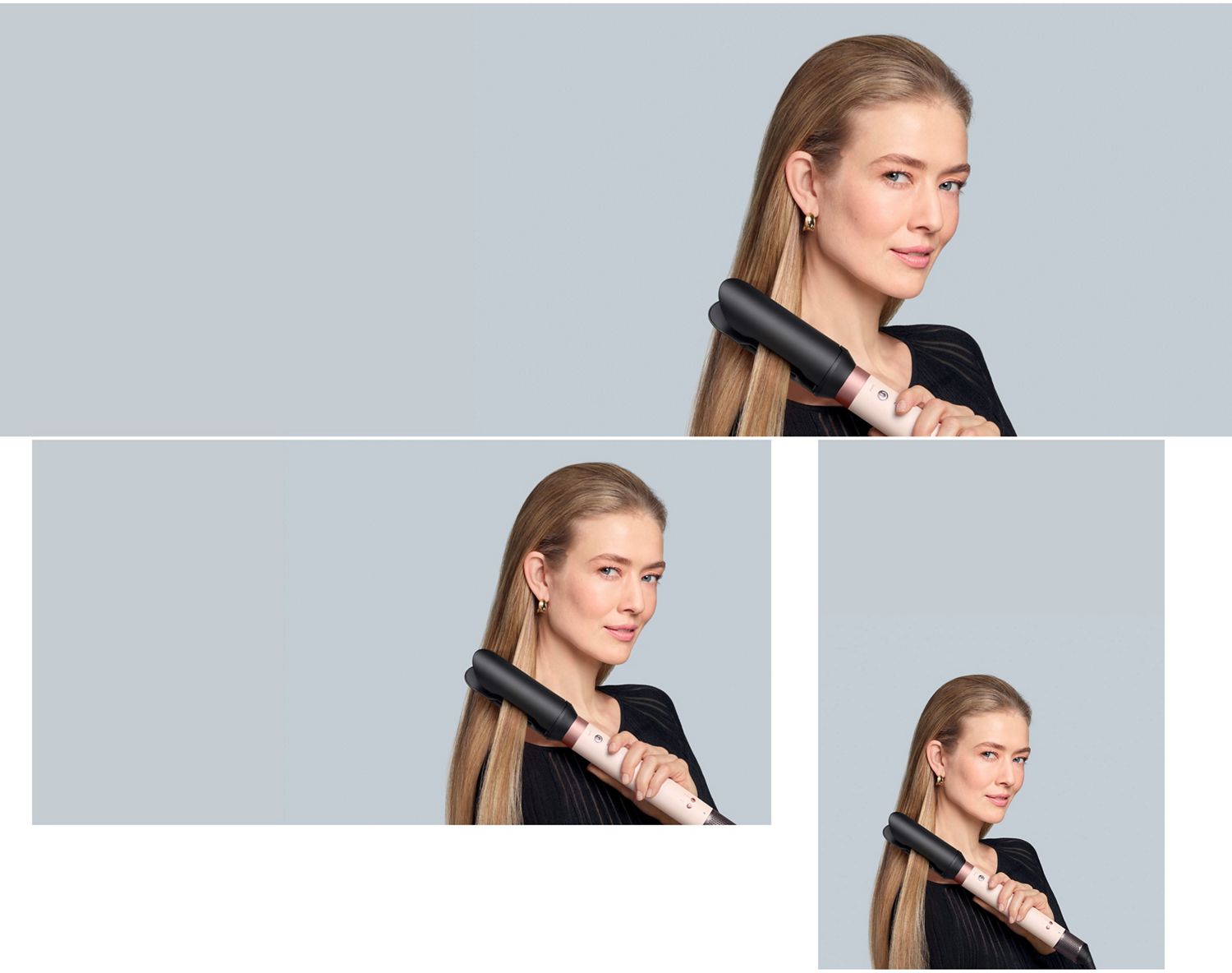 The Dyson Airwrap Co-anda2x multi-styler and dryer with the Airsmooth2x attachment used by a model.