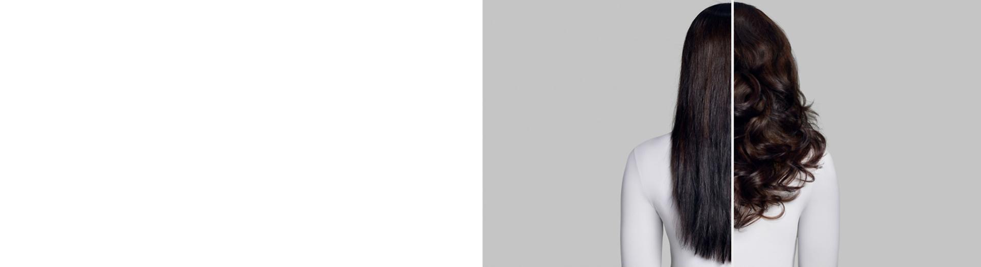 Before and after of model with soft, bouncy curls.