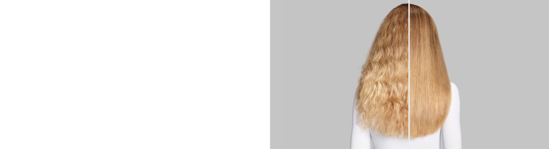 Before and after of model with long, smooth, straight hair.