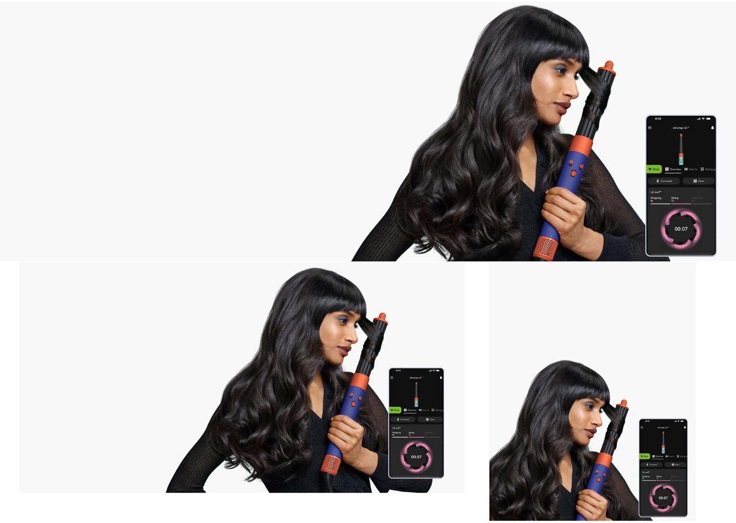 Un sèche-cheveux Dyson Supersonic r est utilisé par un modèle pour sécher ses longs cheveux bruns.