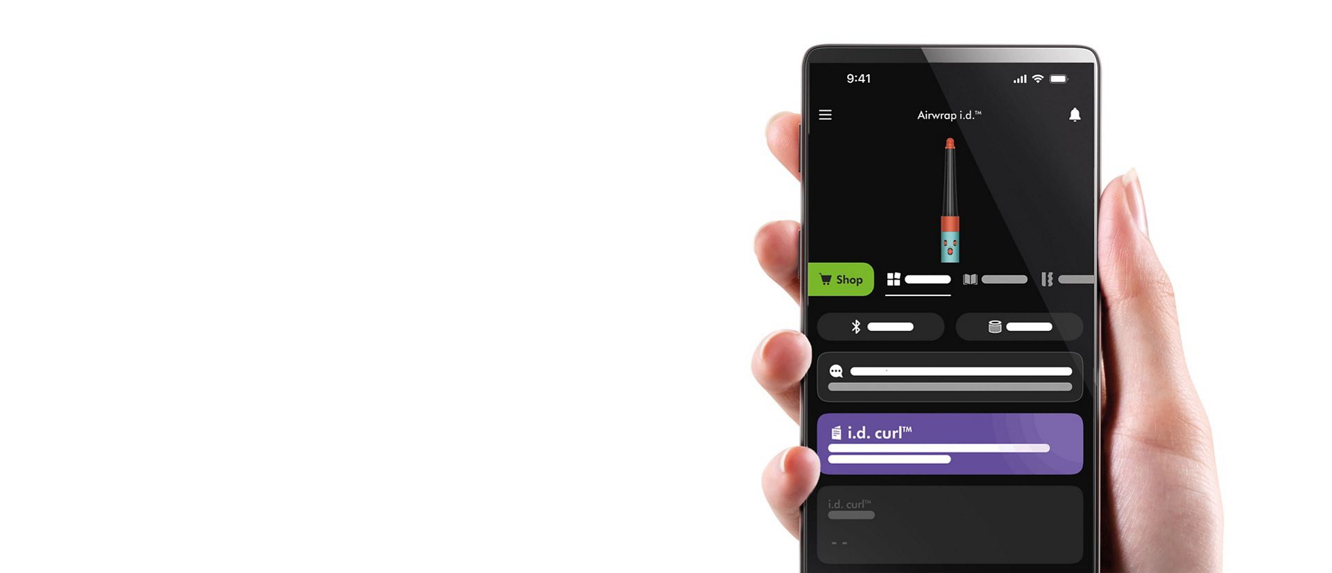 Mobile phone being held, My Dyson app personalised styling sequence on screen.
