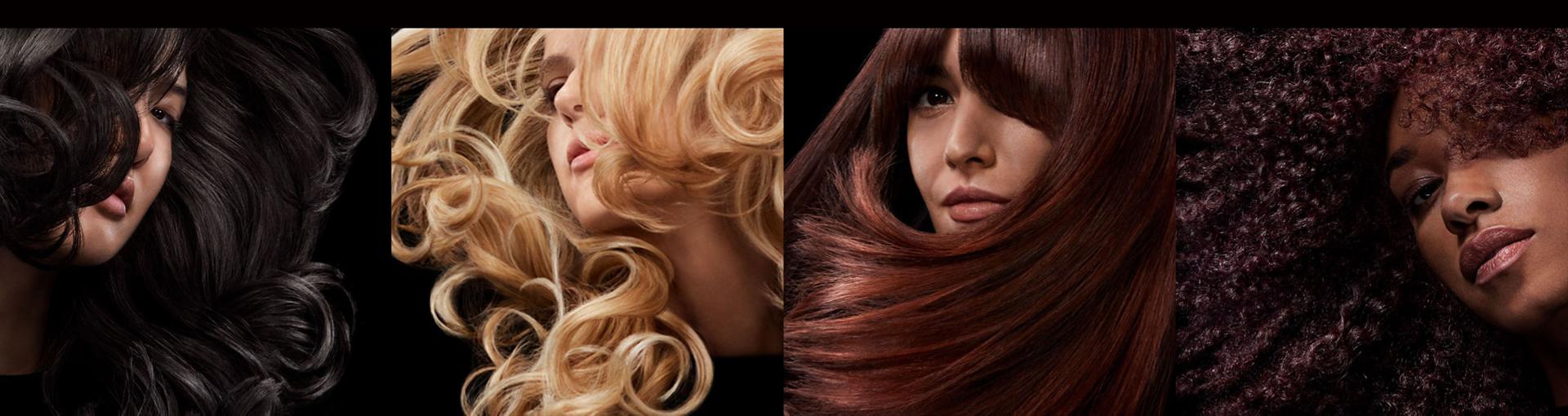 一個網格中有四位不同髮質及髮色的模特兒。