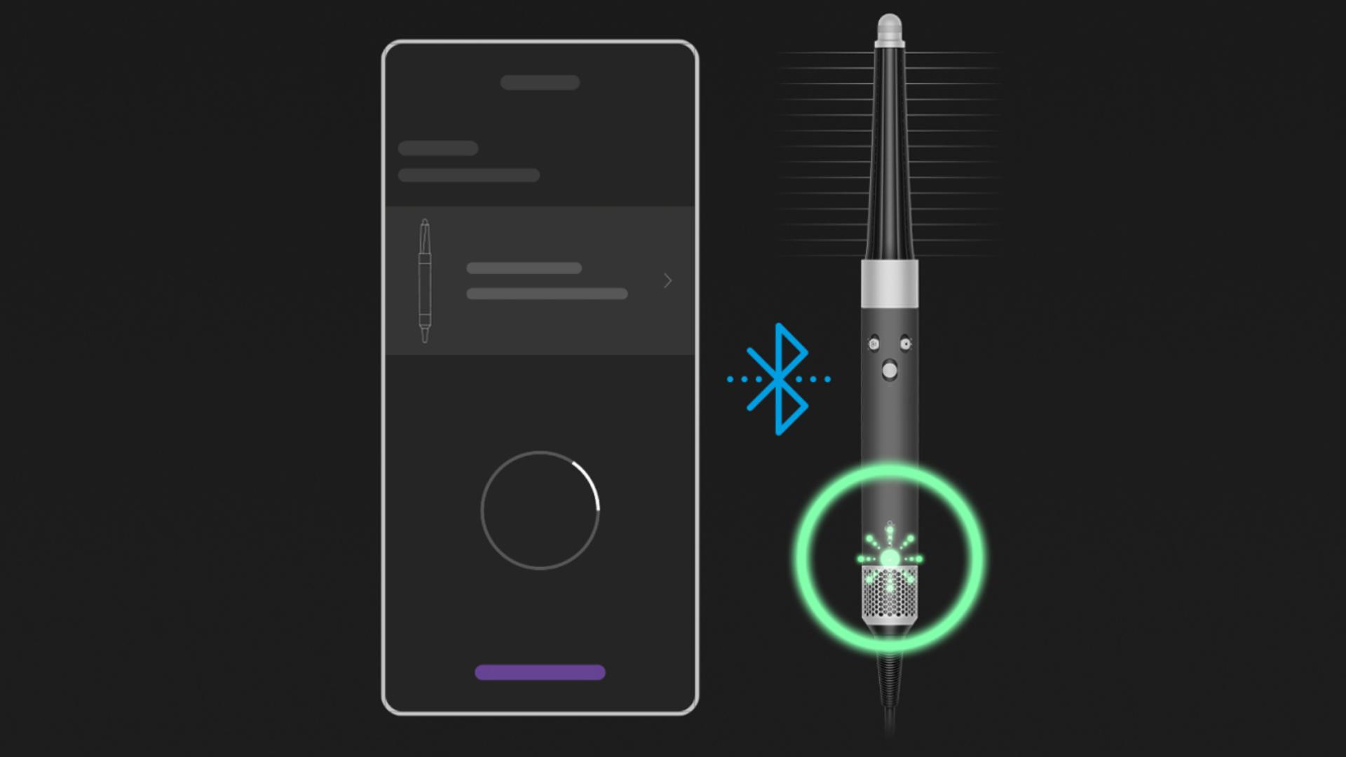 Dyson Airwrap i.d.™ 智能吹風造型器與電話屏幕。 藍牙標示位於兩者之間,而 Airwrap i.d. 智能吹風造型器上的燈號正在閃動。
