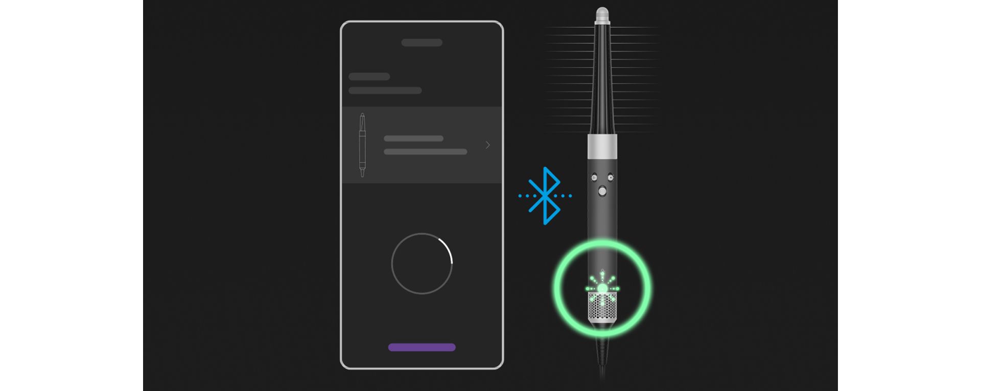 Dyson Airwrap i.d. multi-styler and dryer and a phone screen. The Bluetooth symbol is between the two and the light on the Airwrap i.d. is flashing.