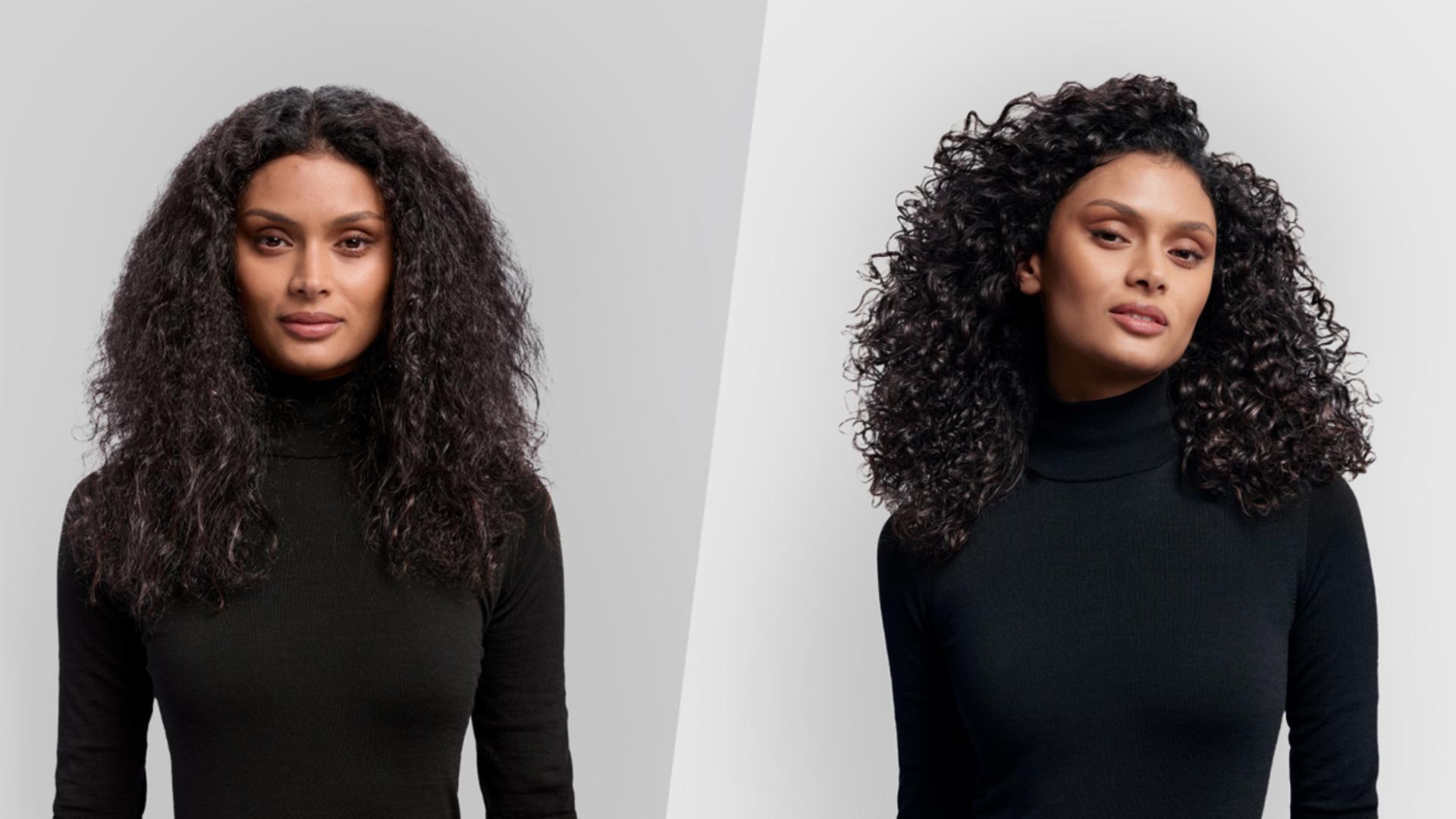 A model before and after styling her hair with the Diffuser in Diffuse mode.