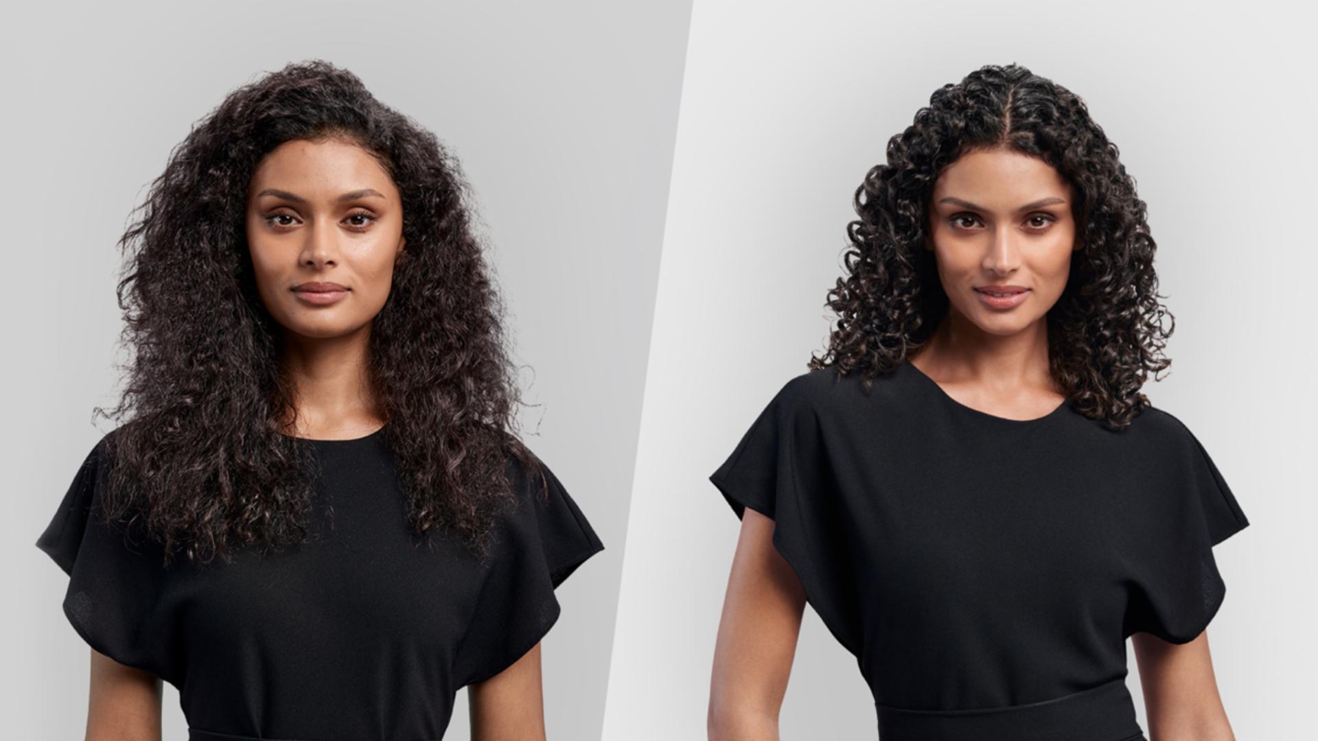A model before and after styling her hair with the Diffuser in Dome mode.