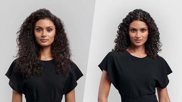 A model before and after styling her hair with the Diffuser in Dome mode.