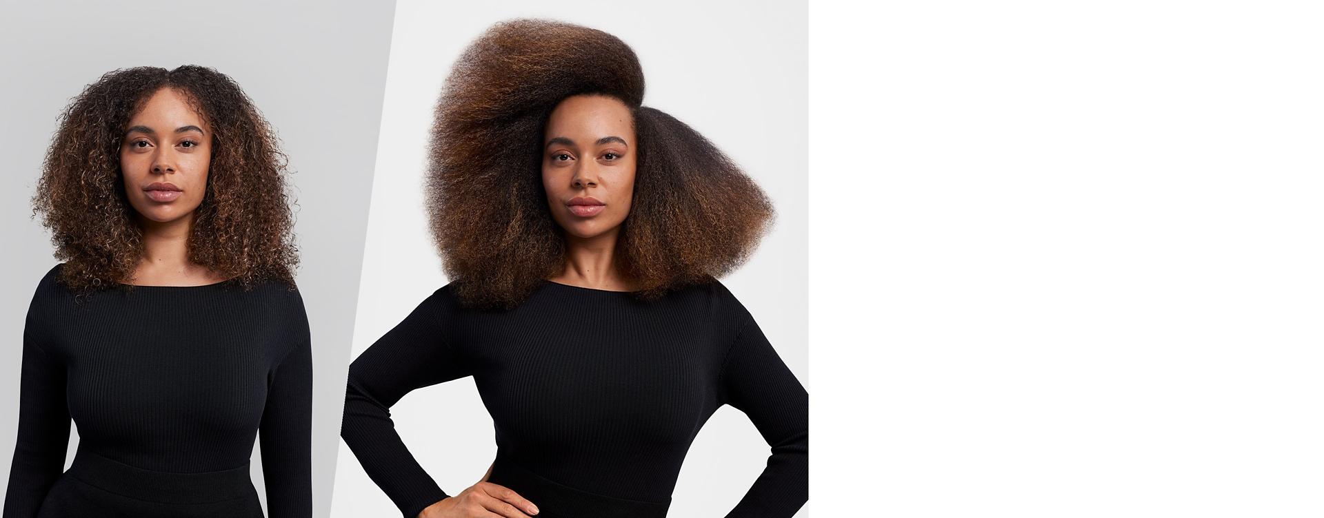 A model before and after styling hair.