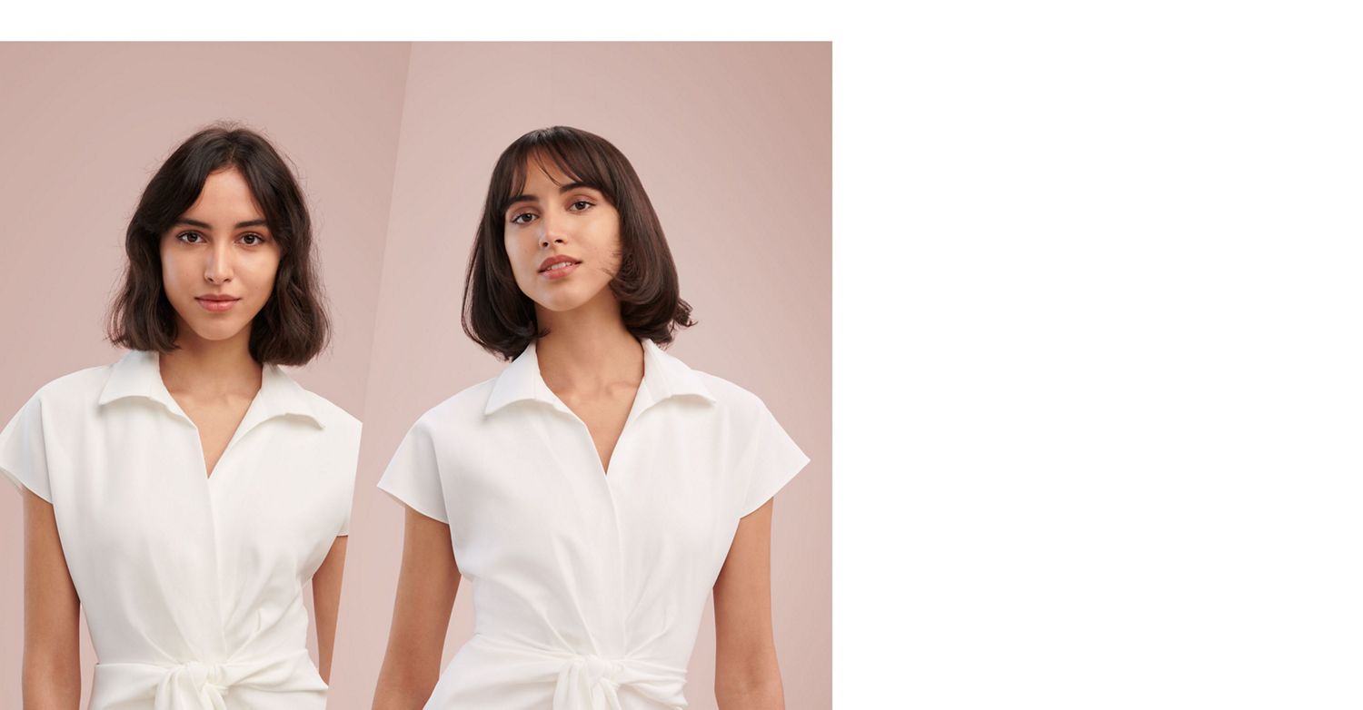 Een model voor en na het stylen van haar 