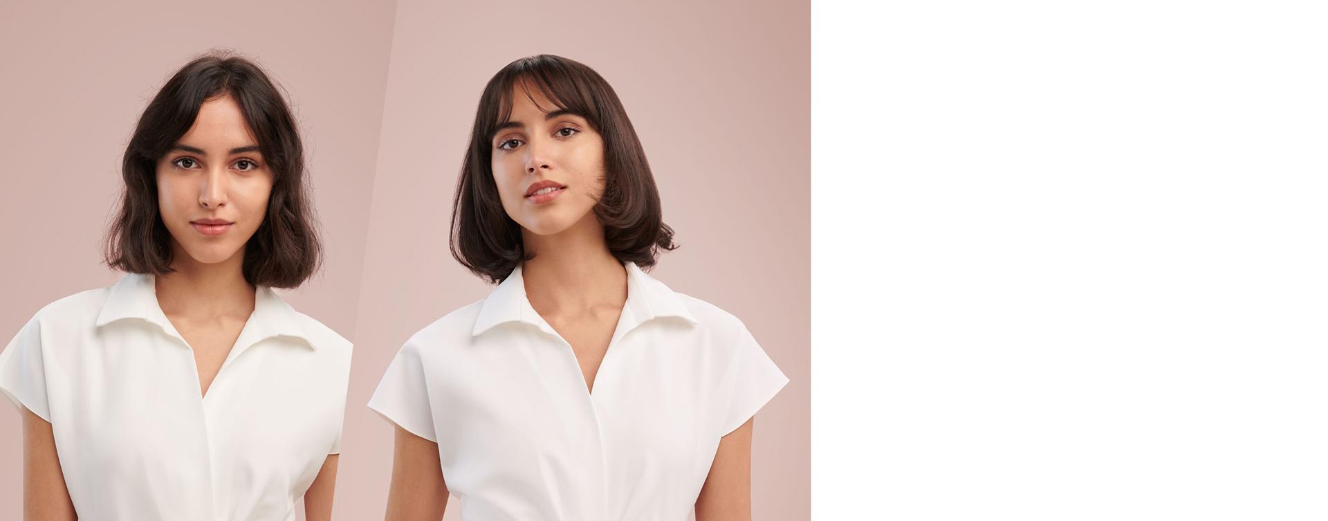 A model before and after styling hair