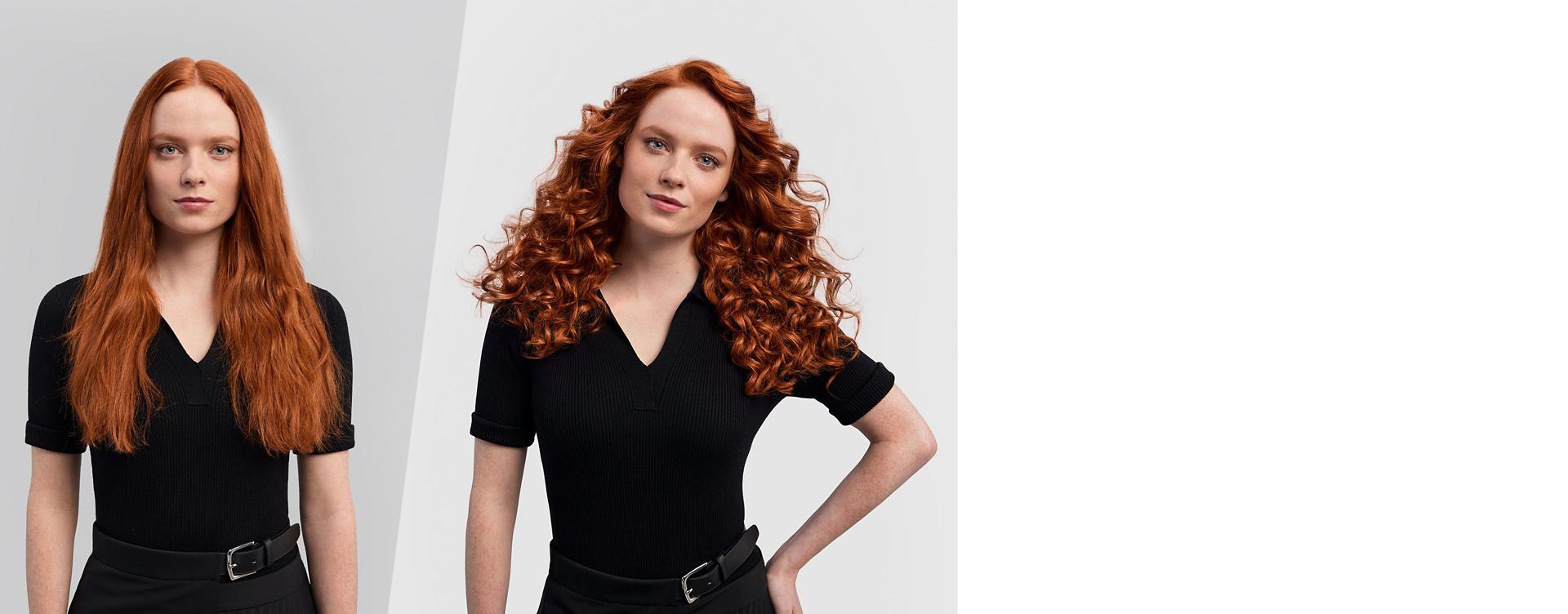 A model before and after styling her hair in curls.