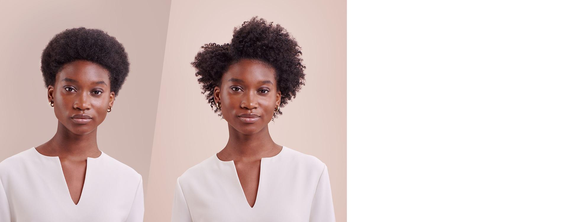 A model before and after styling her hair.