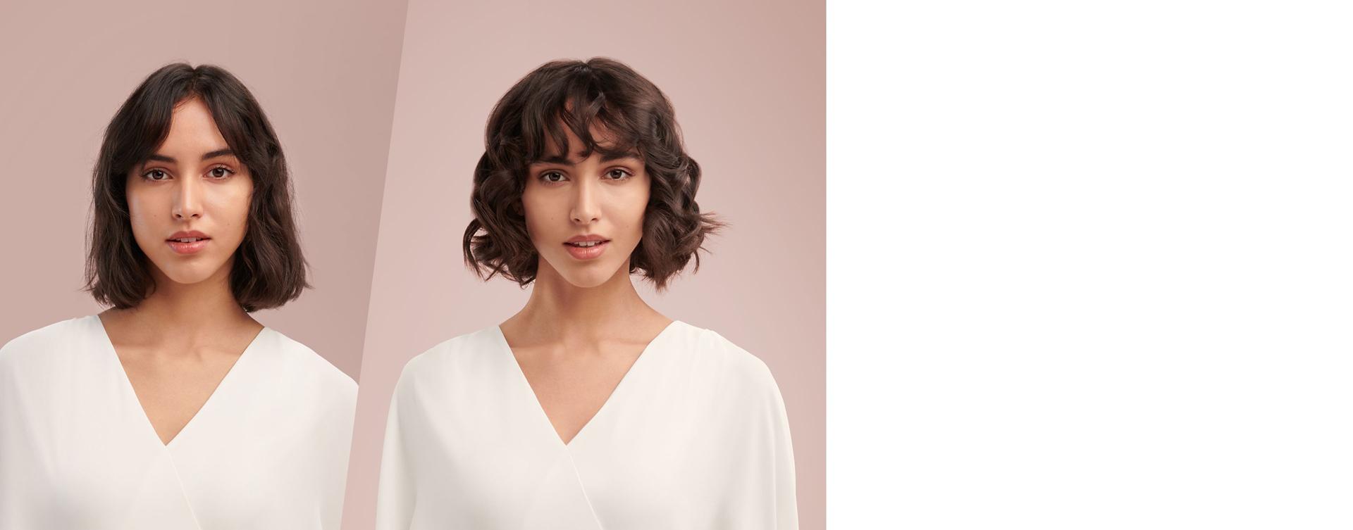 A model before and after styling her short hair in waves.