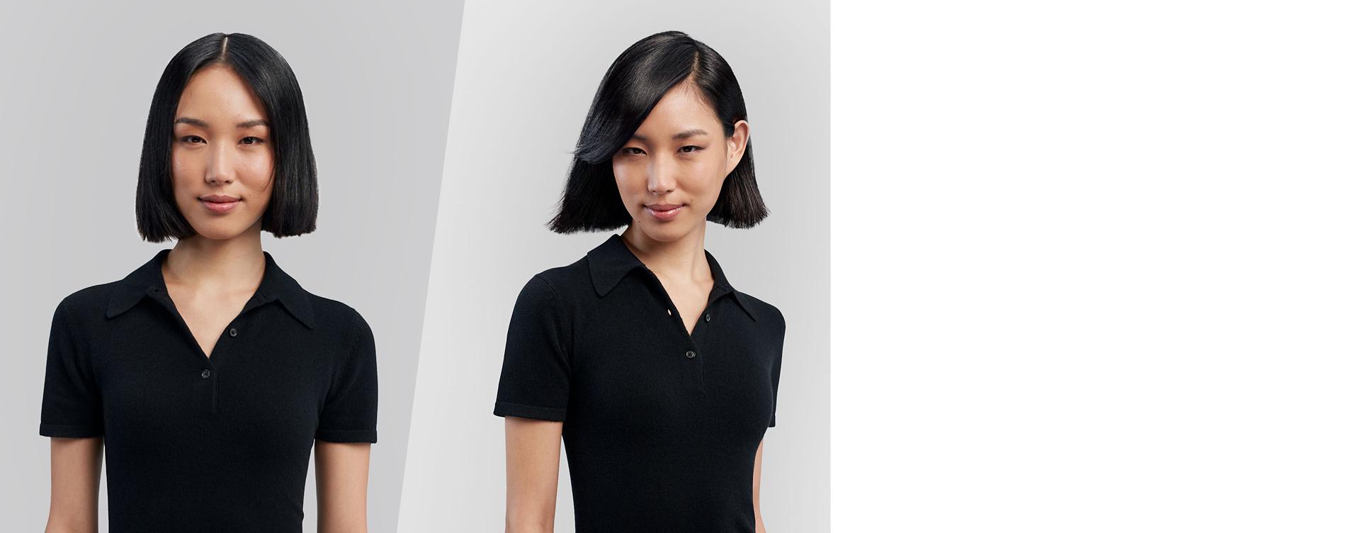 Kısa saçlı bir kadının saçı şekillendirilmeden önceki ve şekillendirildikten sonraki görünümü.