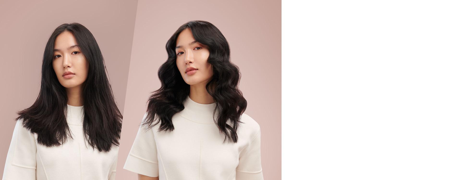 A model before and after styling her long hair in curls.