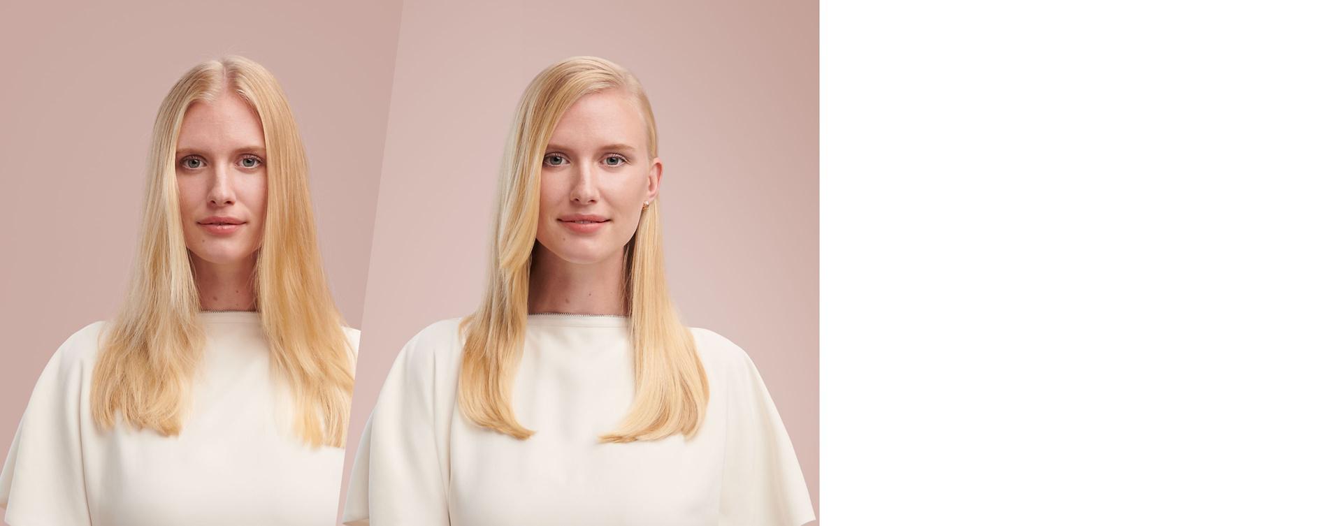 A model before and after styling hair.