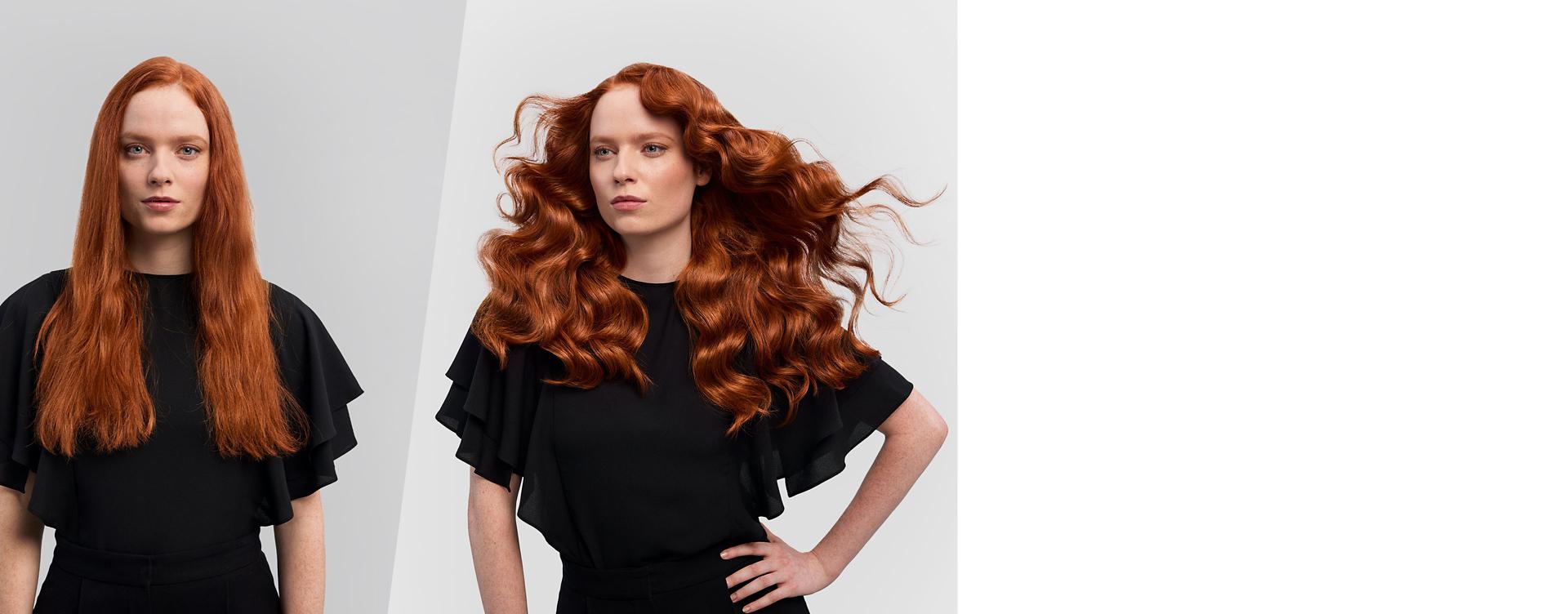 Before and after of a model with curls having used the Conical Airwrap barrel.