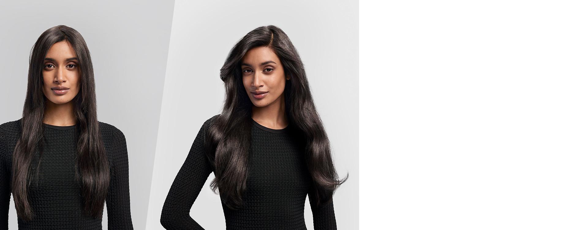 A model before and after styling hair.