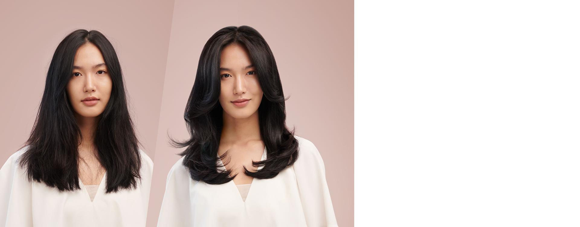 A model before and after styling with the Dyson Airwrap multi-styler and dryer.