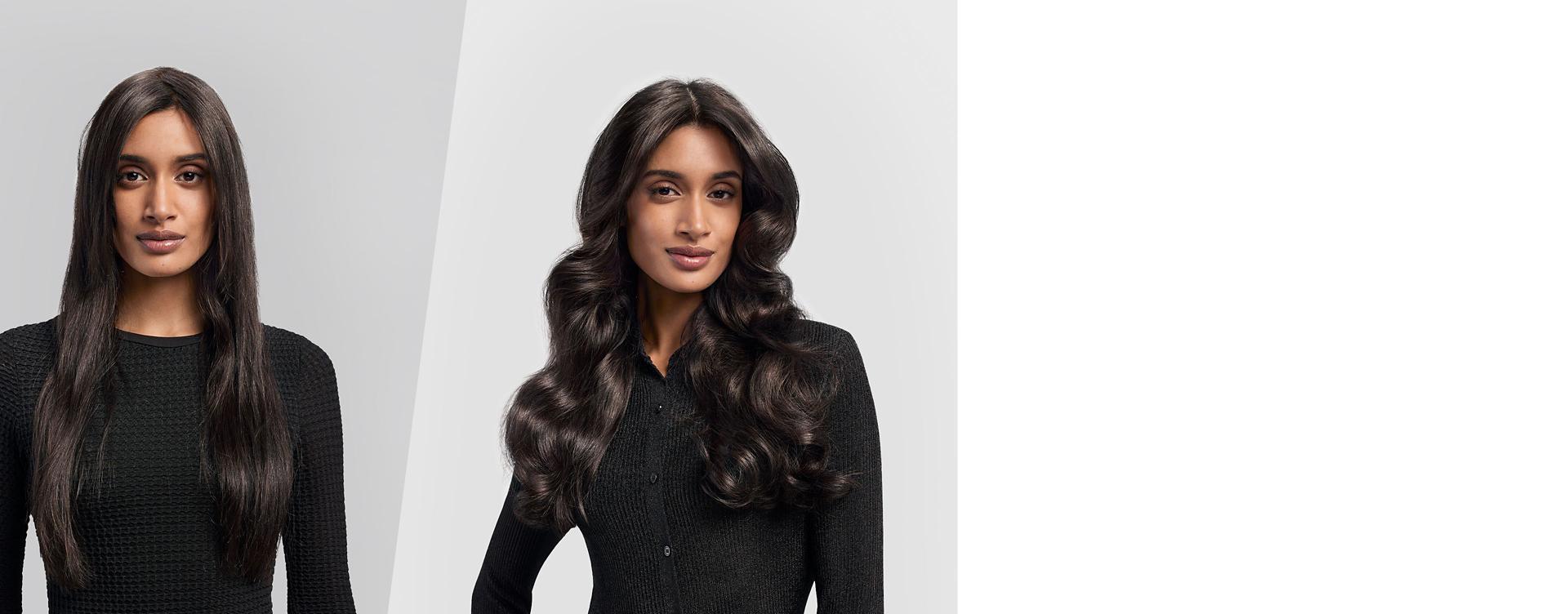 Before and after of a model having used the fast dryer.