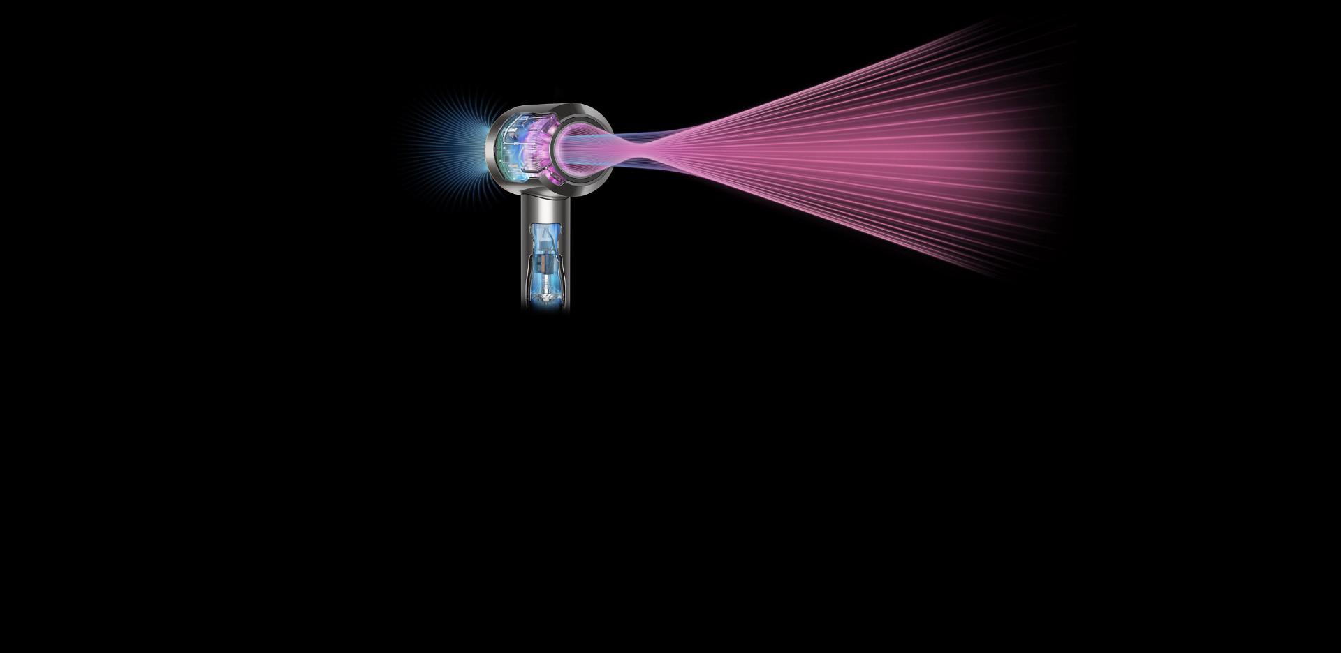 A Cutaway graphic showing the Air Multiplier technology in a Dyson Supersonic hair dryer.