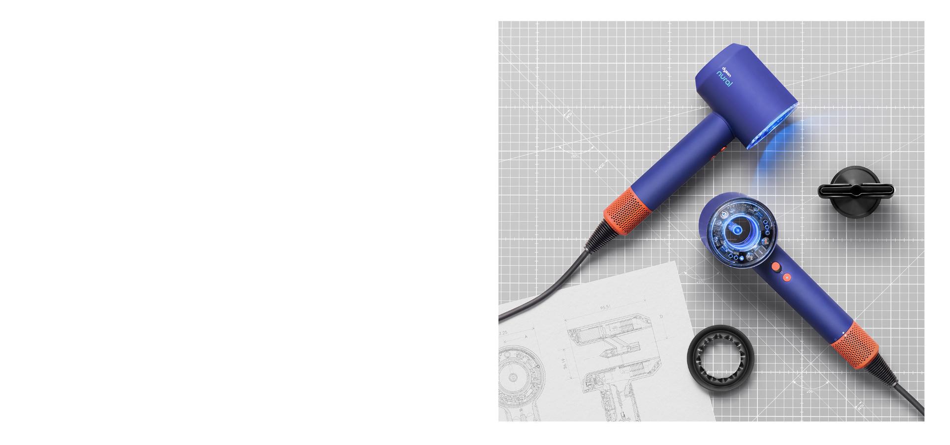 Suszarka do włosów Dyson Supersonic Nural z rysunkami technicznymi