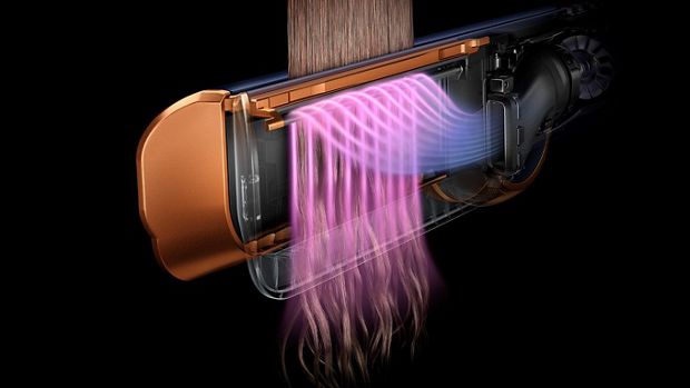 A detailed cutaway view of the inside of the Dyson Airstrait straightener, showing the heating system.