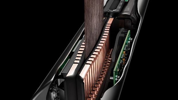 A side-on view of the Hyperdymium motor, with airflow visualised in bright blue.