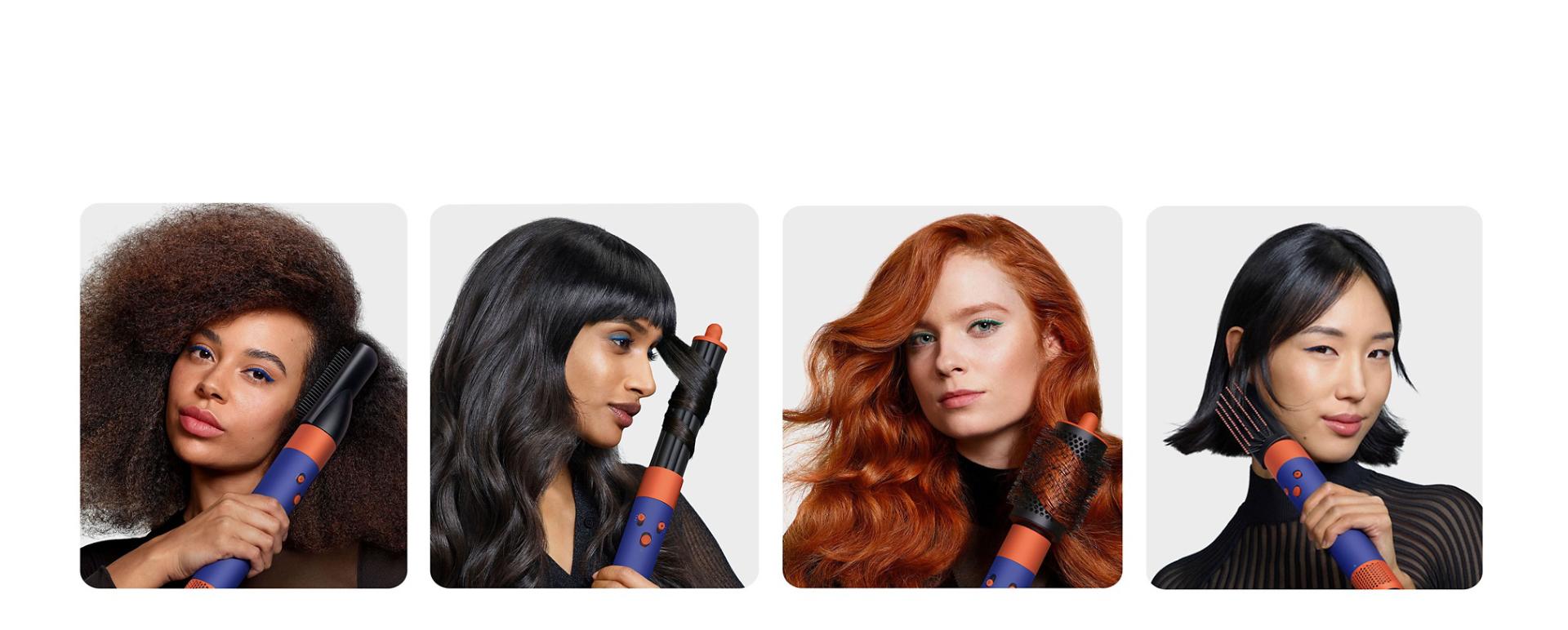 Selection of models with different hair types, all using a Dyson Airwrap.