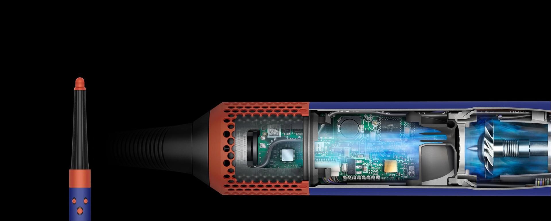 Dyson Airwrap to the left with cutaway on the right showing technology inside the device.