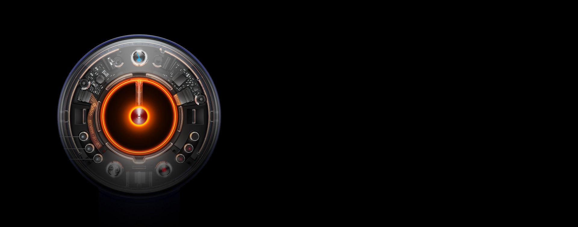 A cutaway of the Supersonic Nural hair dryer's clear end cap