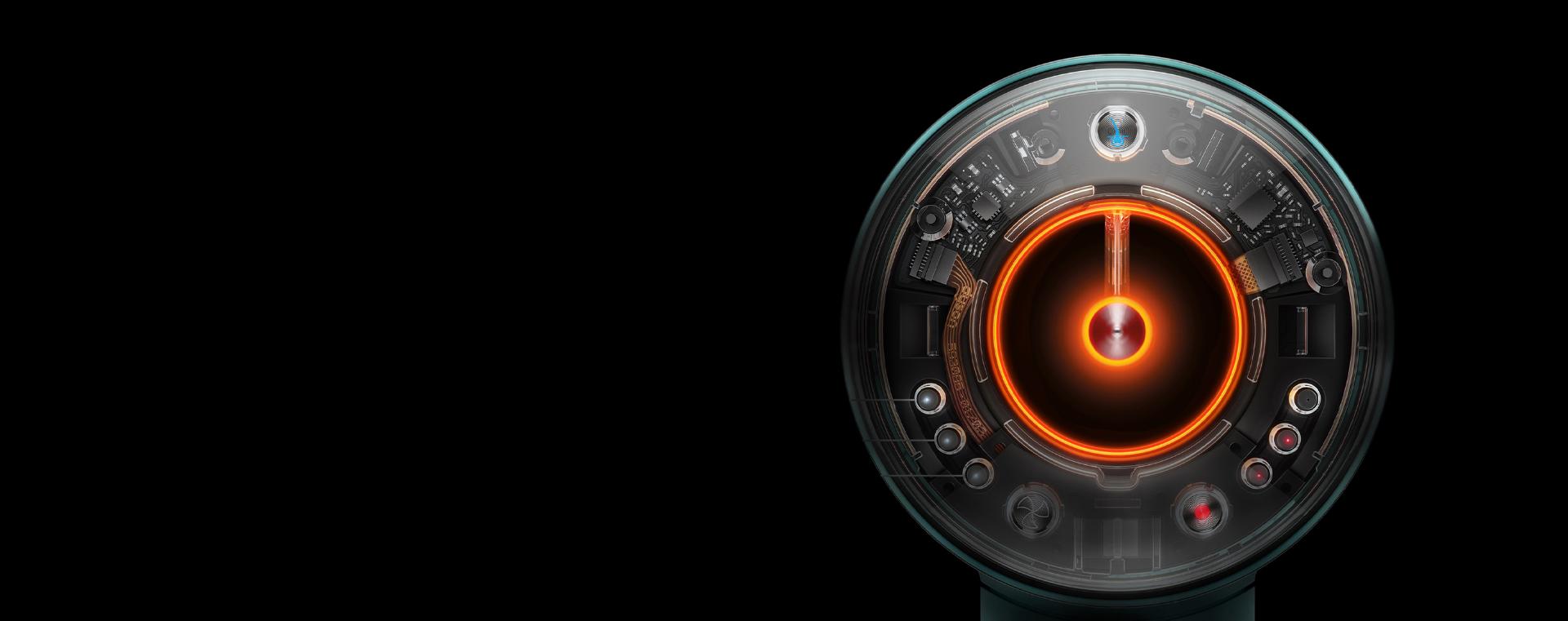 The technology inside the Dyson Supersonic Nural™ hair dryer through the clear end cap on the aperture