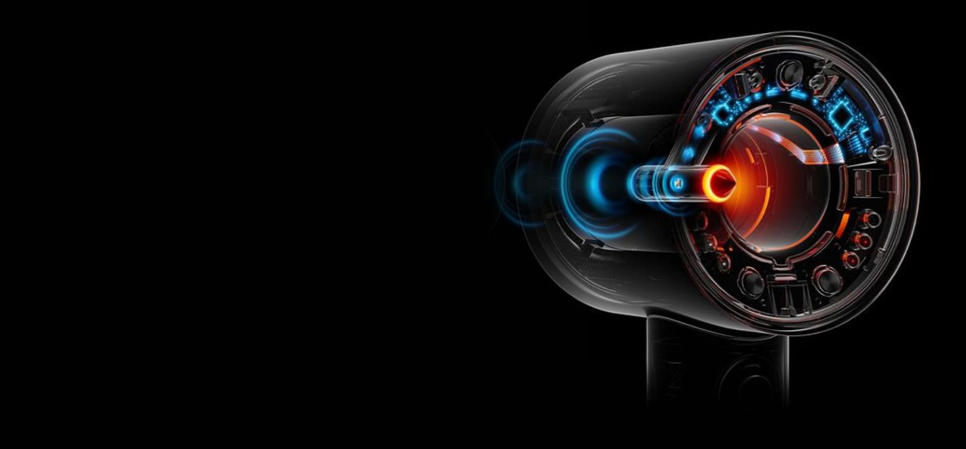 Cutaway showing the technology inside the Dyson Supersonic Nural hair dryer.
