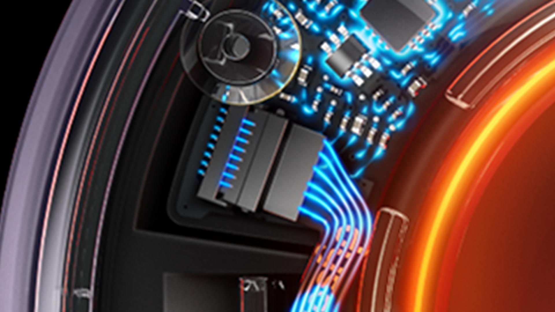 Cutaway graphic of the heat regulation technology within the Supersonic Nural hair dryer.
