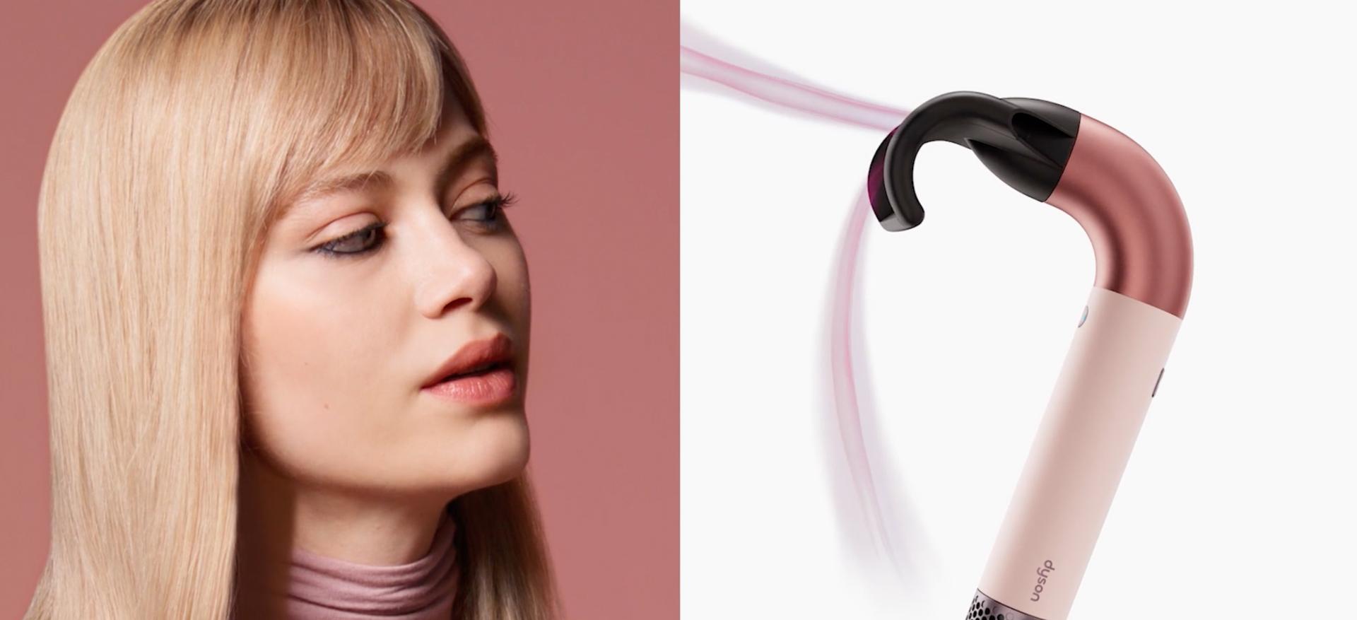 Split screen of a Dyson Supersonic r hair dryer and a model with styled hair.