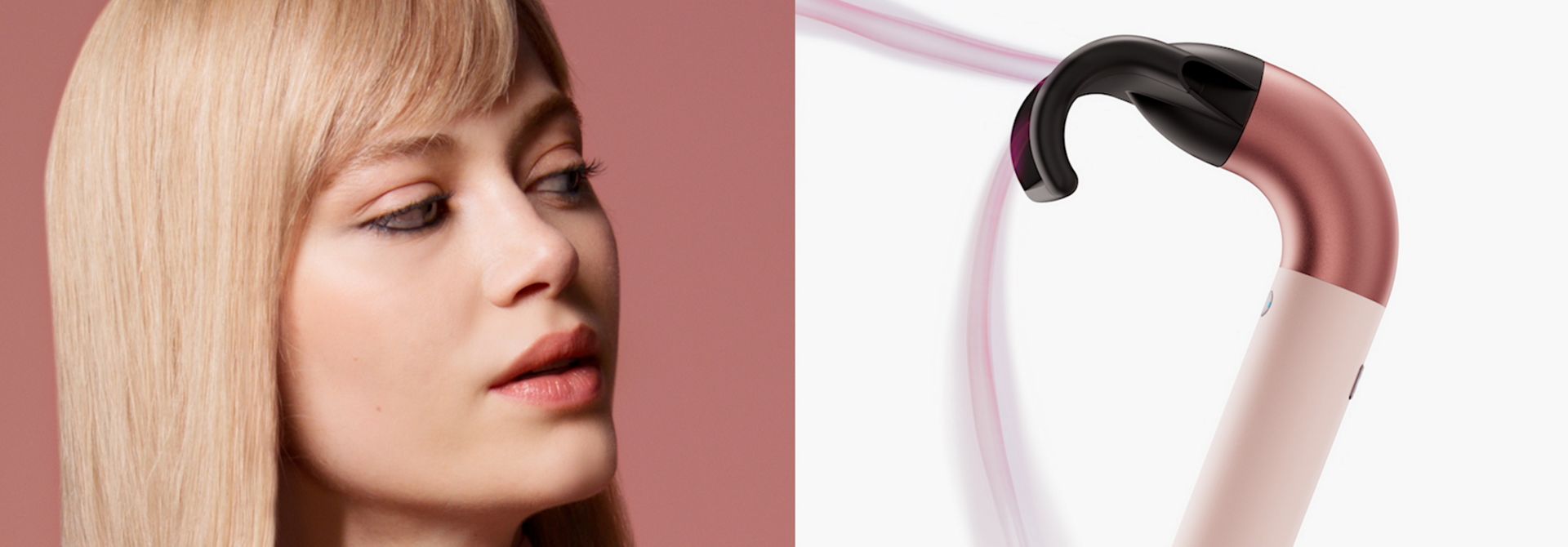 Split screen of a Dyson Supersonic r hair dryer and a model with styled hair.