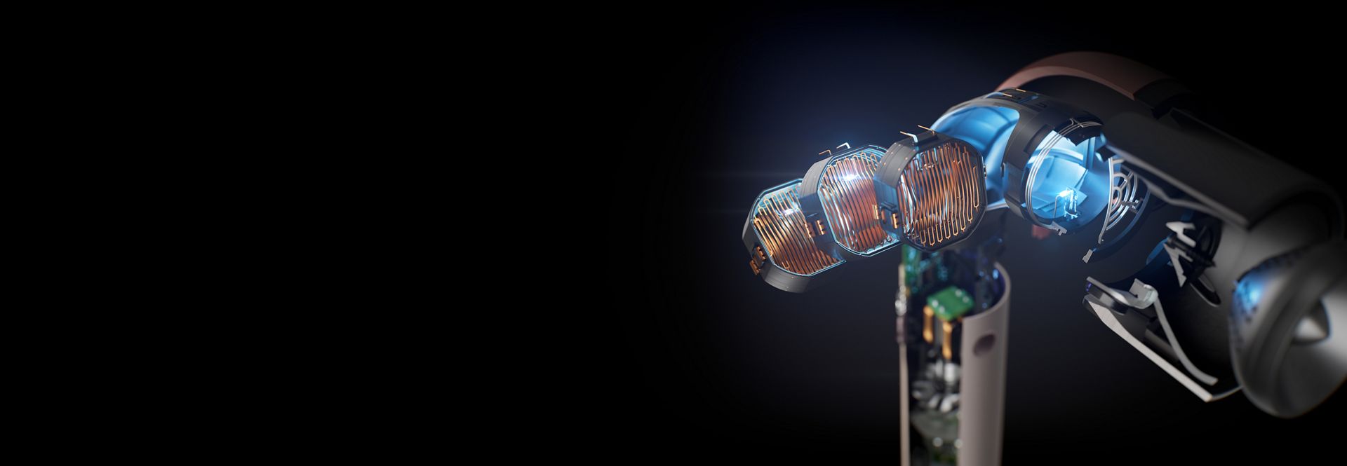 Plaukų džiovintuvo „Dyson Supersonic r“ išskaidytas grafikas, kuriame pavaizduotas priderinto oro srauto šildytuvas.