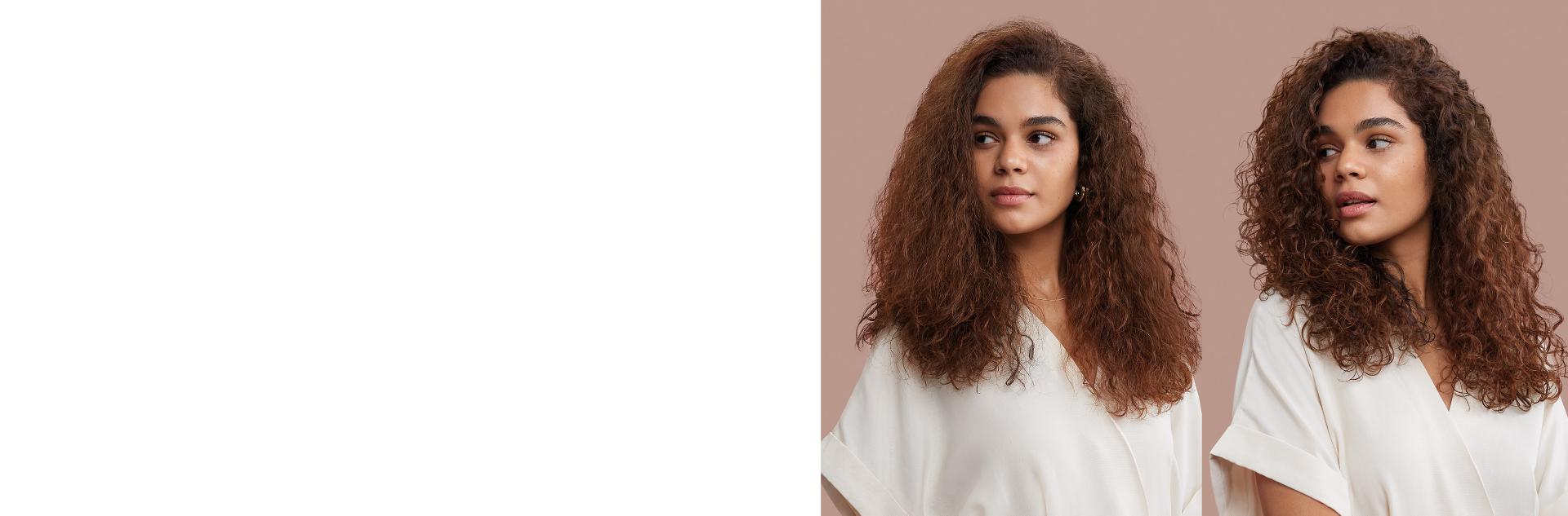 Before and after of a model with curly hair defined with the Diffuser attachment on the Dyson Supersonic r hair dryer.