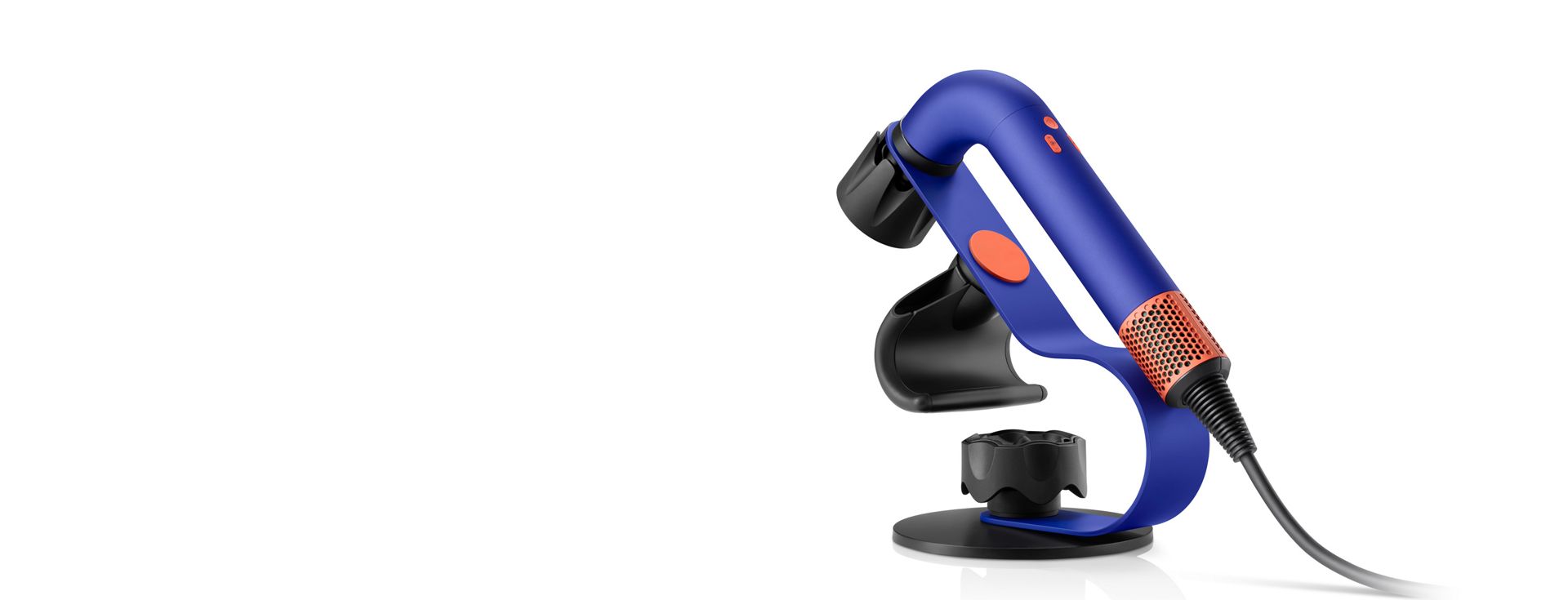 Dyson Supersonic r hair dryer mounted on the Display stand with attachments magnetically attached.