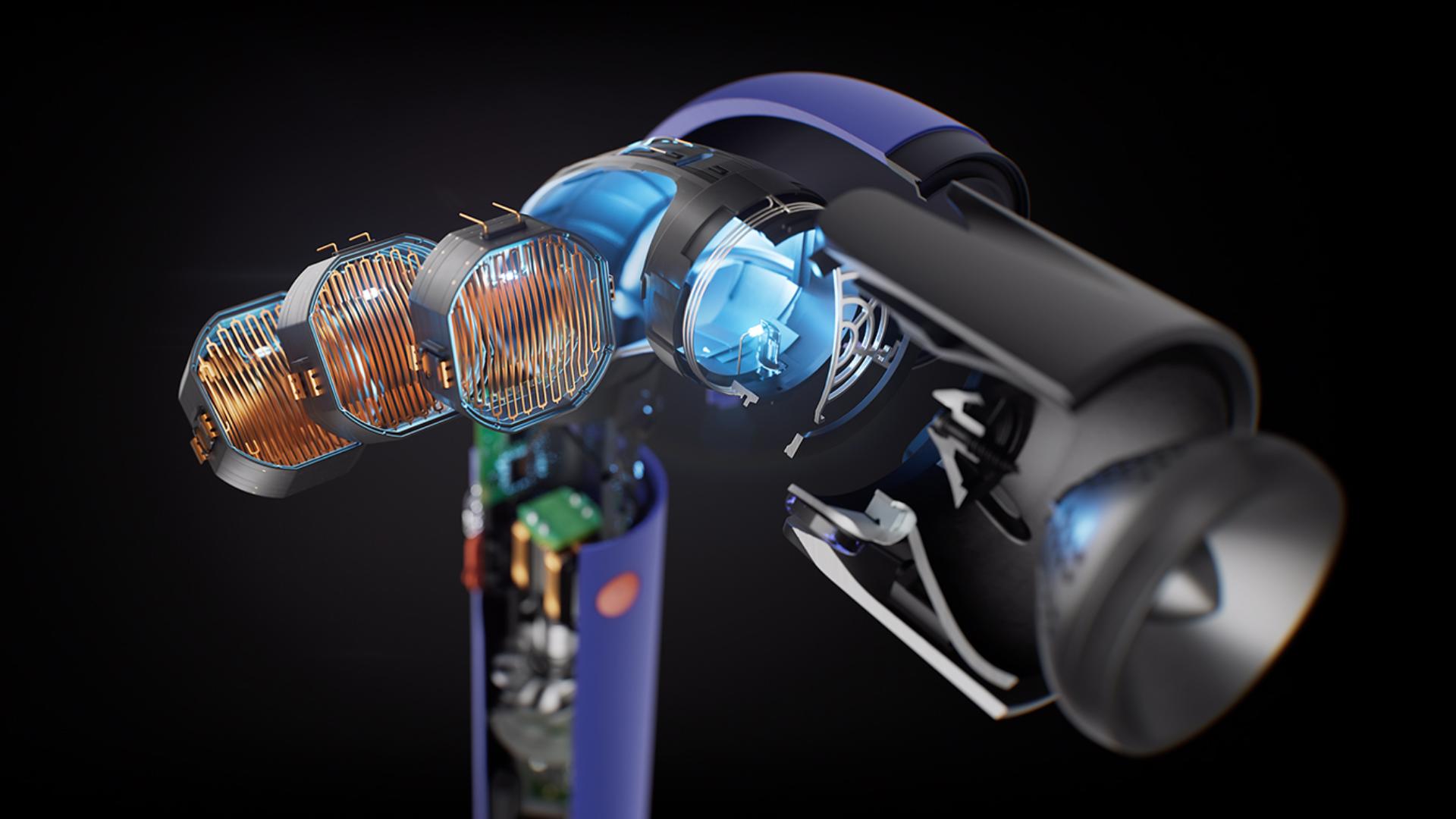 Cutaway of Dyson Supersonic r hair dryer displaying airflow through the Pro concentrator attachment.