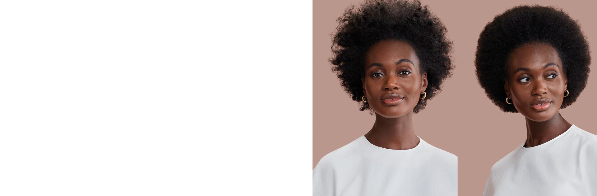 Before and after of a model with dark-brown coily hair styled into an afro blowout.