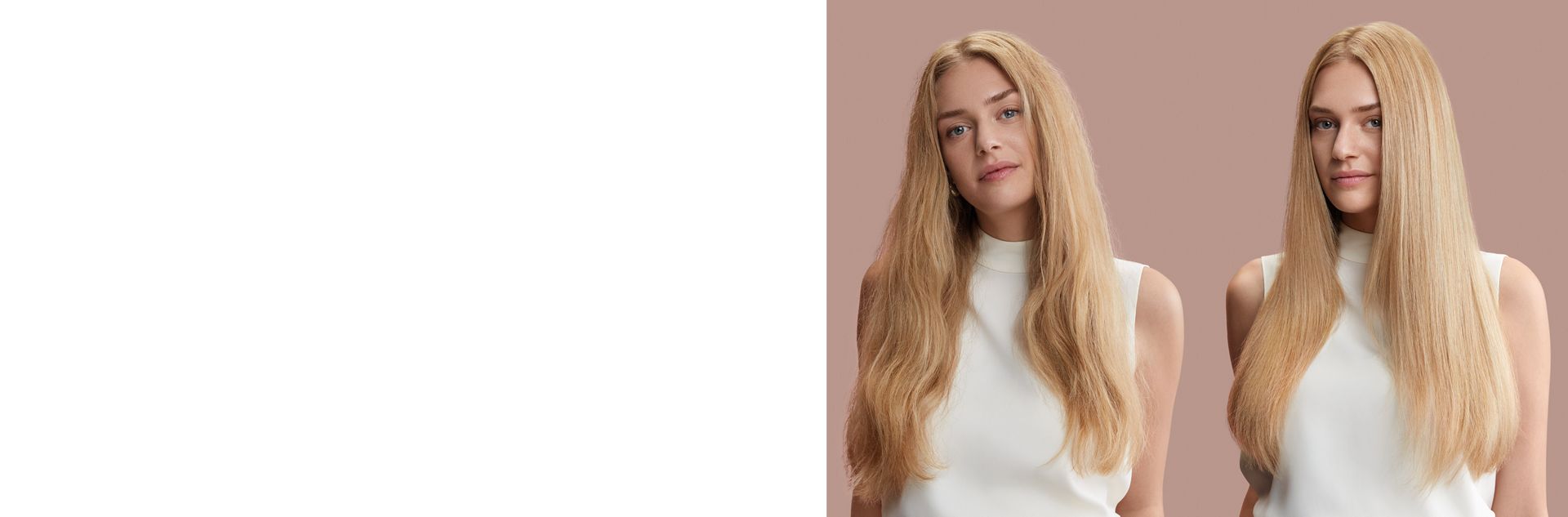 Przed i po modelce z blond falowanymi włosami ułożonymi w szklaną fryzurę.